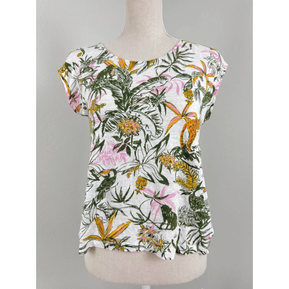Rachel Zoe Womens Small 100% Linen Tropical Jungle Print Button Back Top White
